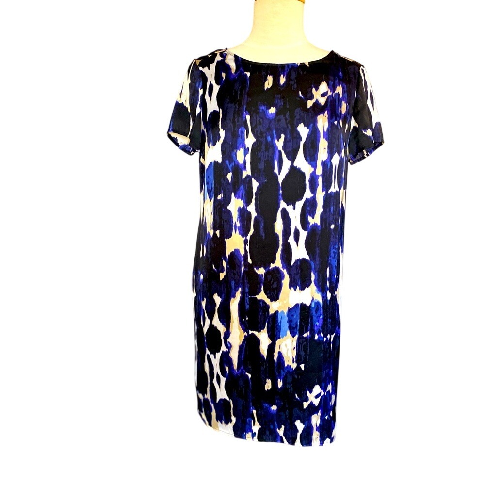Michael Kors Blue Abstract Leopard Print Short Sleeve Zip Back Shift Dress 4